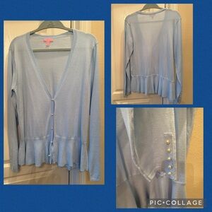 Lilly Pulitzer Clarissa Cardigan Sweater Womens Large Blue Ruffle Pearl Buttons